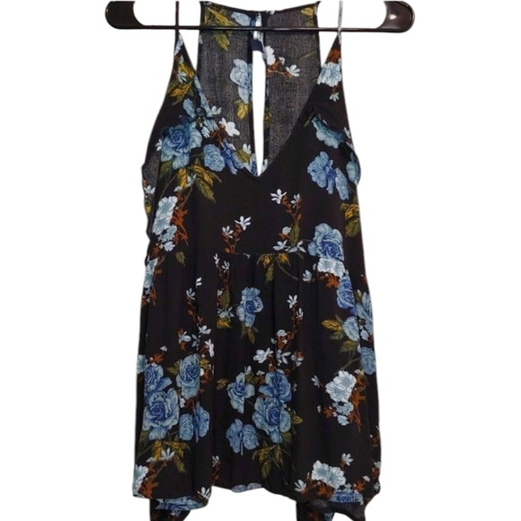 American Eagle Cold Shoulder Long Sleeve Black Blue  Floral Blouse Size Medium - Picture 1 of 9